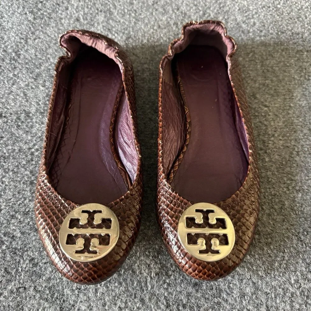 Tory Burch Reva Ballet Flat in Burgundy Snakeskin Print with Silver Medallion 37